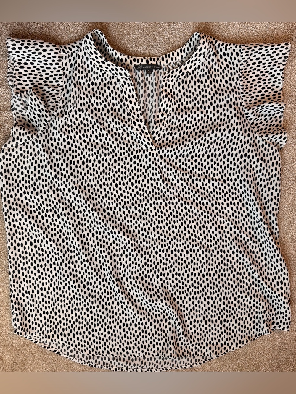 Adrianna Papell White Black Dot Print Flutter Sleeve V-Neck Blouse XL